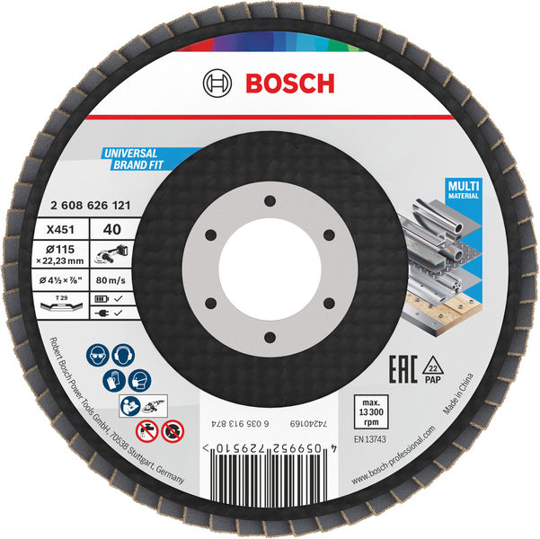 BOSCH X451 Fächerschleifscheibe, 115 x 22,23 mm, K40, Z29, 60-tlg BOSCH X451 Fächerschleifscheibe, 115 x 22,23 mm, K40, Z29, 60-tlg