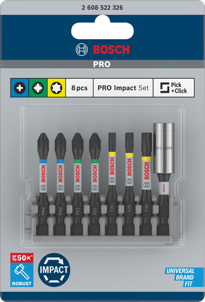 BOSCH PRO Impact Set mit Standard-Bithalter und Pick and Click-Index, 8-tlg.