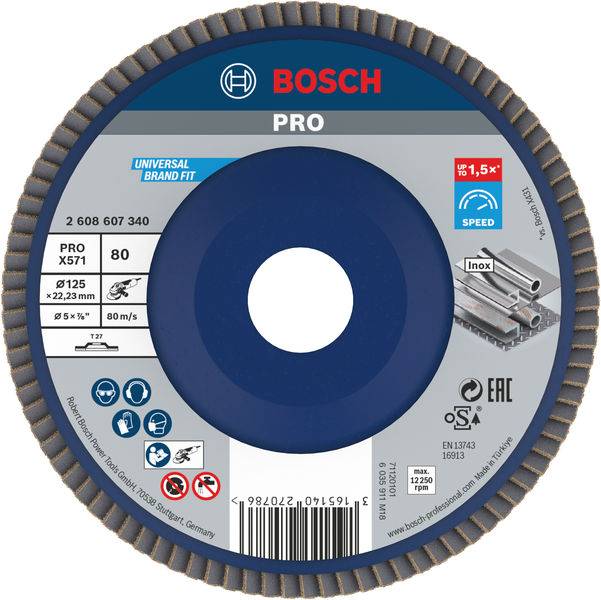 BOSCH PRO X571 Fächerschleifscheibe, gerade, 125 mm, K80 BOSCH PRO X571 Fächerschleifscheibe, gerade, 125 mm, K80