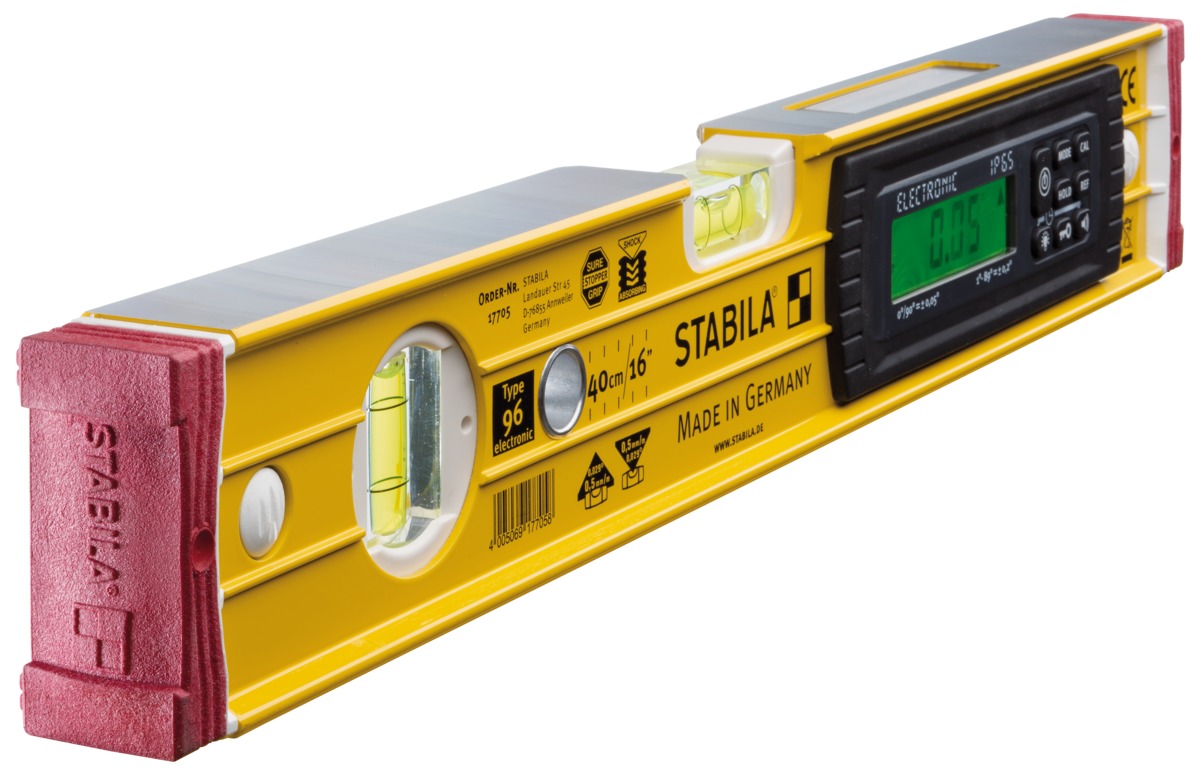 STABILA Elektronische Wasserwaage TECH 196, 40 cm, 2 Digital-Displays, Messbereich: 0° – 360° (4 x 90°), Anzeige-Modi: °, %, mm/m, in/ft, Schutzklasse IP 65, Wasserwaagen-Tasche