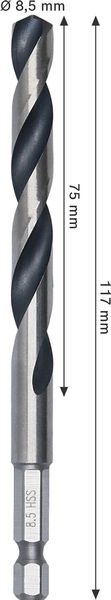 BOSCH Metal HSS Spiralbohrer, 8,5 x 75 x 117 mm, HEX 1/4“ Schaft BOSCH Metal HSS Spiralbohrer, 8,5 x 75 x 117 mm, HEX 1/4“ Schaft