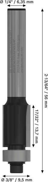 BOSCH PRO Bündigfräser mit untenlieg. Führungskugellager, Ø 3/8"xL 17/32", Schaft 1/4" BOSCH PRO Bündigfräser mit untenlieg. Führungskugellager, Ø 3/8"xL 17/32", Schaft 1/4"