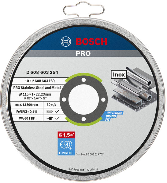 BOSCH PRO Stainless Steel and Metal Trennscheibe, 115 x 1 x 22.23 mm, gerade, 10-tlg.