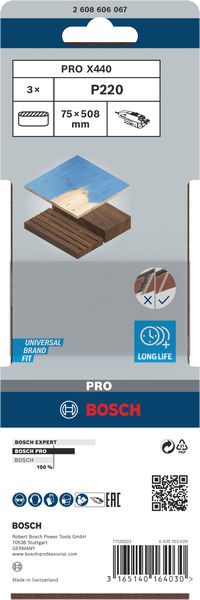 BOSCH PRO X440 Schleifband, 75 x 508 mm, G220, 3-tlg. BOSCH PRO X440 Schleifband, 75 x 508 mm, G220, 3-tlg.