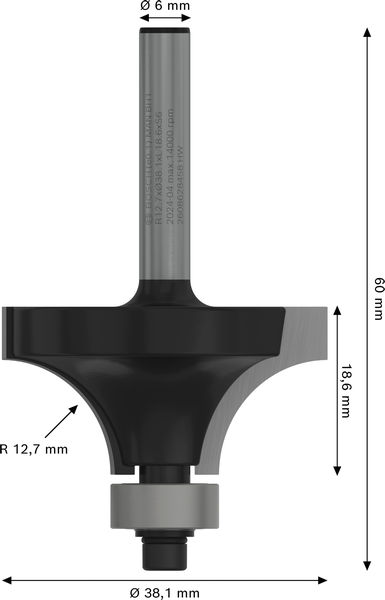 BOSCH PRO Abrundfräser, R 12,7, Schaft 6 mm