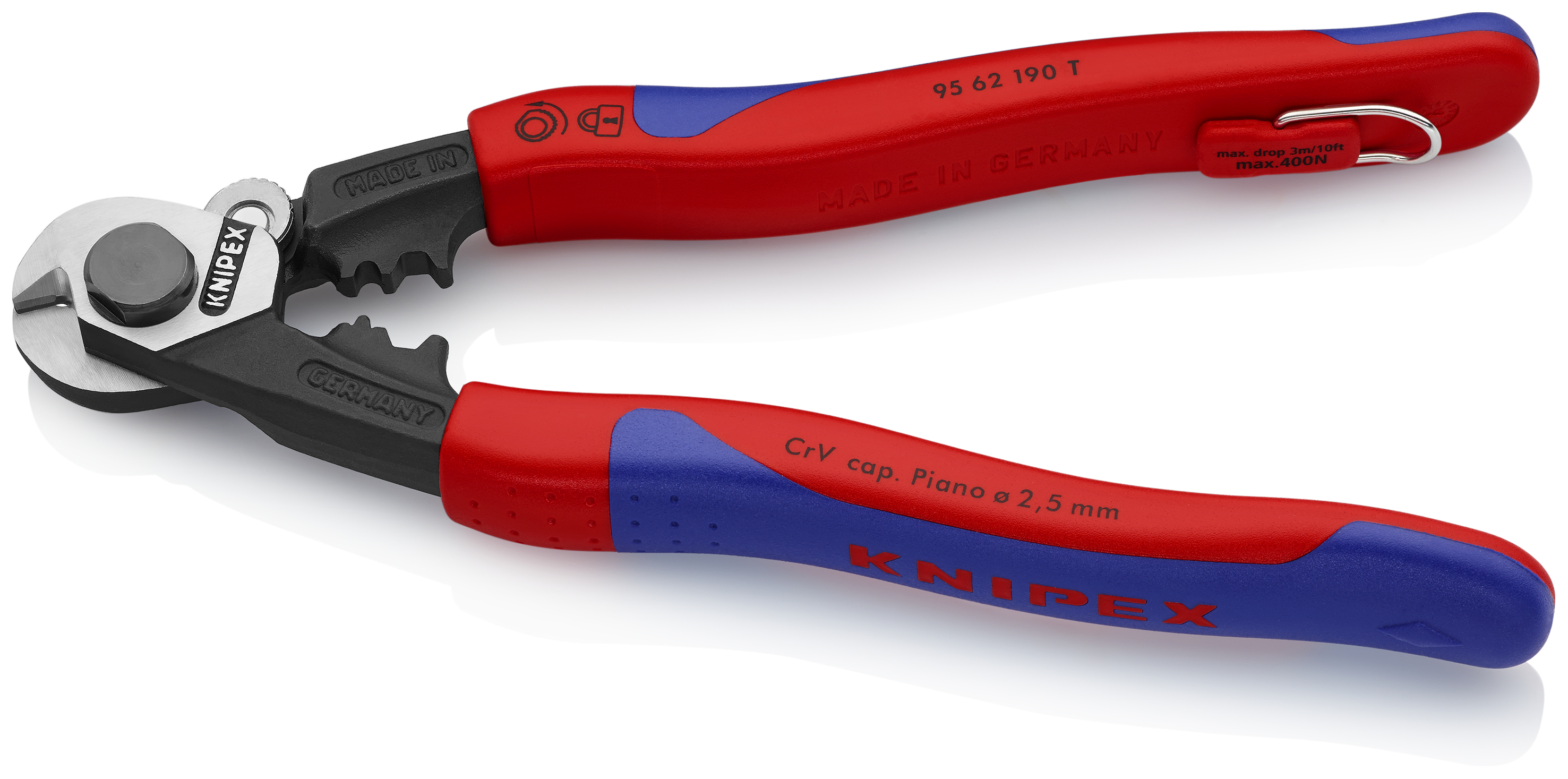 KNIPEX KNIPEX 95 62 190 T Drahtseilschere geschmiedet 190 mm mit Mehrkomponenten-Hüllen, mit integrierter Befestigungsöse zum Anbringen einer Absturzsicherung brüniert