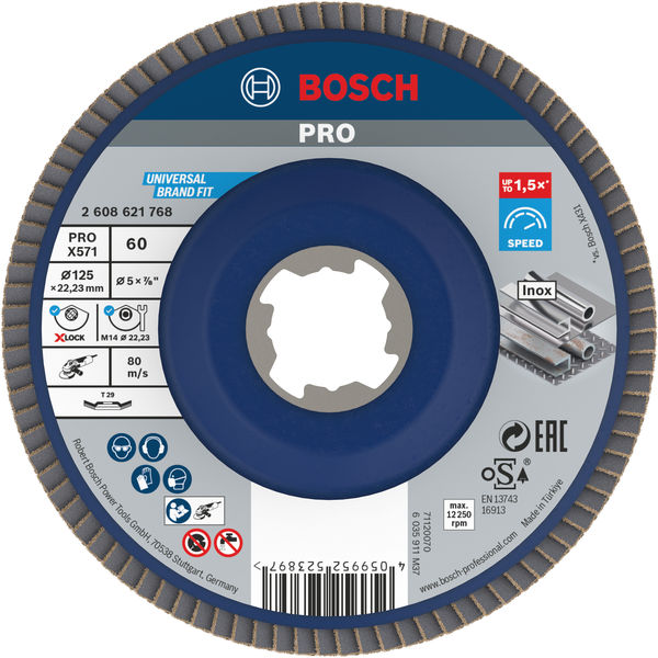 BOSCH PRO X571 Fächerschleifscheibe X-Lock, abgewinkelt, 125 mm, K60 BOSCH PRO X571 Fächerschleifscheibe X-Lock, abgewinkelt, 125 mm, K60