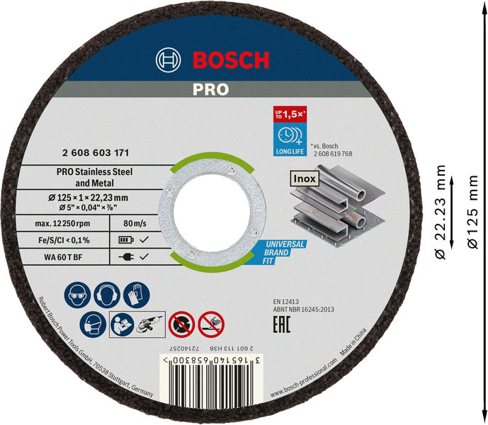 BOSCH PRO Stainless Steel and Metal Trennscheibe, 125 x 1 x 22.23 mm, gerade, 10-tlg. BOSCH PRO Stainless Steel and Metal Trennscheibe, 125 x 1 x 22.23 mm, gerade, 10-tlg.