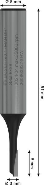 BOSCH PRO Nutfräser, einschneidig, Ø 3 x L 8, Schaft 8 mm BOSCH PRO Nutfräser, einschneidig, Ø 3 x L 8, Schaft 8 mm