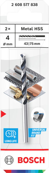 BOSCH Metal HSS Spiralbohrer, 4 x 43 x 75 mm, CYL-Schaft, 2-teilig