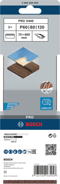 BOSCH PRO X440 Schleifband, 75 x 480 mm, G60, G80, G100, 3-tlg.