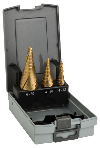 BOSCH HSS-TiN-Stufenbohrerset, 3-tlg., 4-12/4-20/6-30 BOSCH HSS-TiN-Stufenbohrerset, 3-tlg., 4-12/4-20/6-30