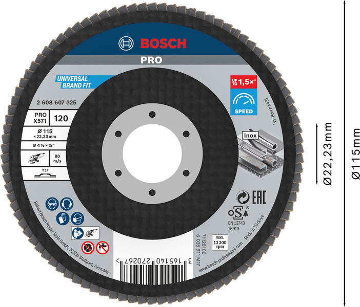 BOSCH PRO X571 Fächerschleifscheibe, gerade, 115 mm, K120 BOSCH PRO X571 Fächerschleifscheibe, gerade, 115 mm, K120