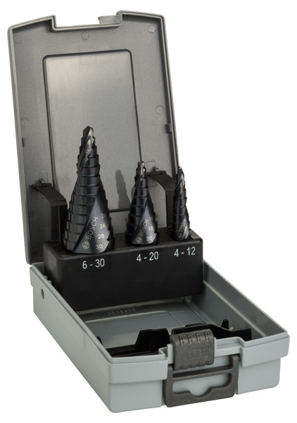 BOSCH HSS-AlTiN-Stufenbohrerset, 3-tlg., 4-12/4-20/6-30 BOSCH HSS-AlTiN-Stufenbohrerset, 3-tlg., 4-12/4-20/6-30