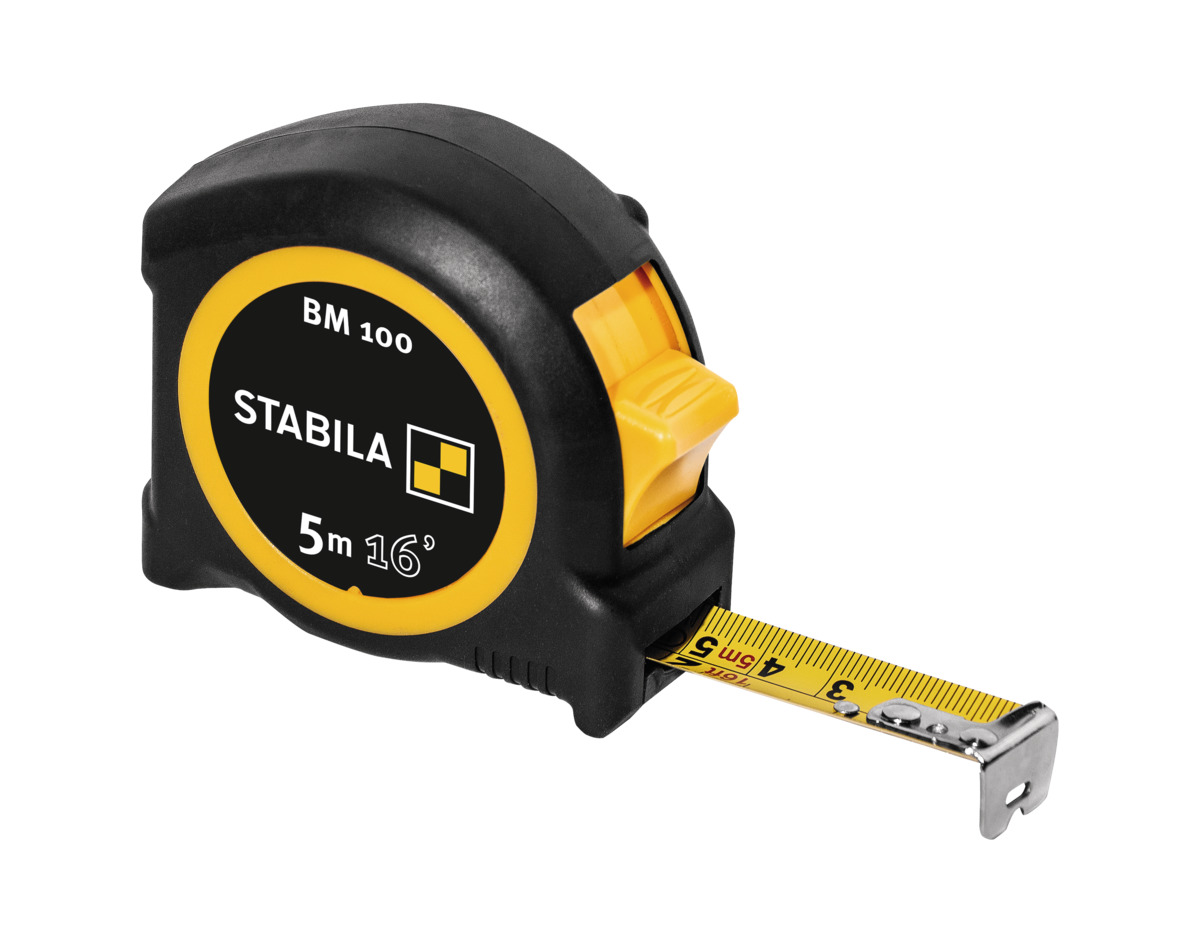 STABILA Taschenbandmaß BM 100, 5 m (16'), Maßband mit cm/inch-Skala, bruchsicheres ABS-Gehäuse, beweglicher Anfangshaken, Gürtel-Clip, MID-Genauigkeit