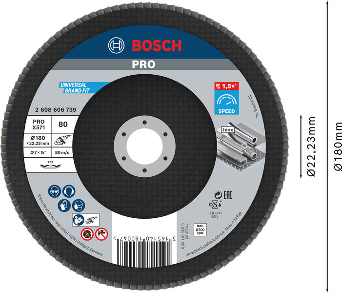BOSCH PRO X571 Fächerschleifscheibe, gerade, 180 mm, K120
