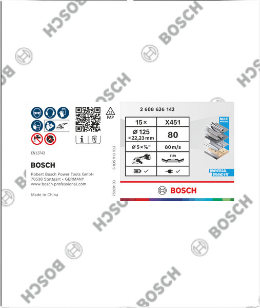 BOSCH X451 Fächerschleifscheibe, 125 x 22,23 mm, K80, Z29, 15-tlg BOSCH X451 Fächerschleifscheibe, 125 x 22,23 mm, K80, Z29, 15-tlg