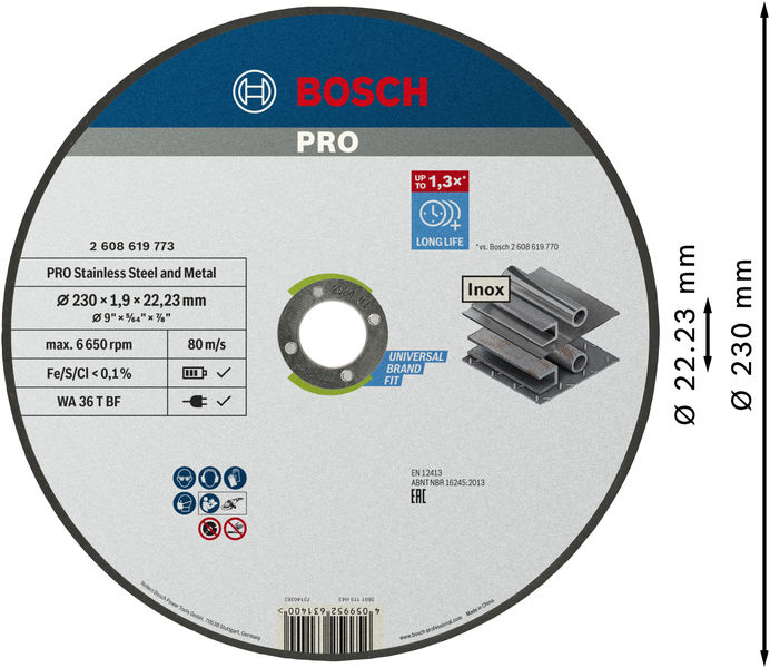 BOSCH PRO Stainless Steel and Metal Trennscheibe, 230 x 1.9 x 22.23 mm, gerade