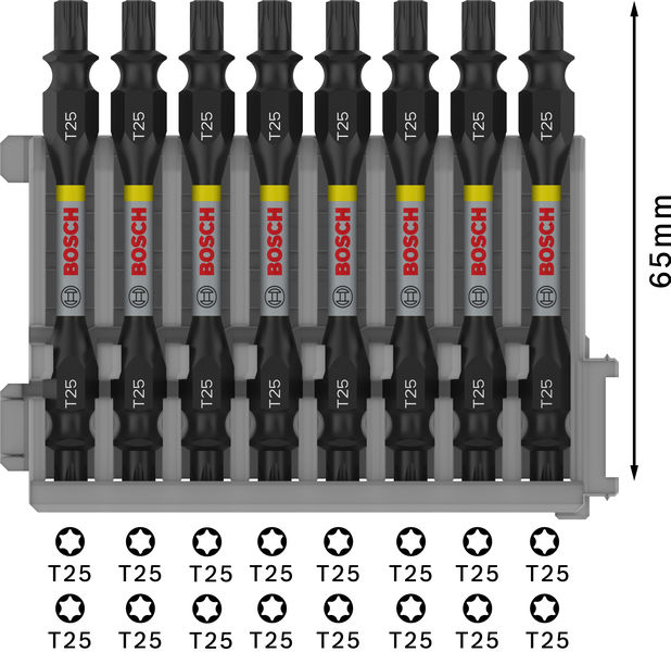 BOSCH PRO Impact Schrauberbit mit Doppelklingen und Pick and Click, T25, 65 mm, 8-tlg. BOSCH PRO Impact Schrauberbit mit Doppelklingen und Pick and Click, T25, 65 mm, 8-tlg.