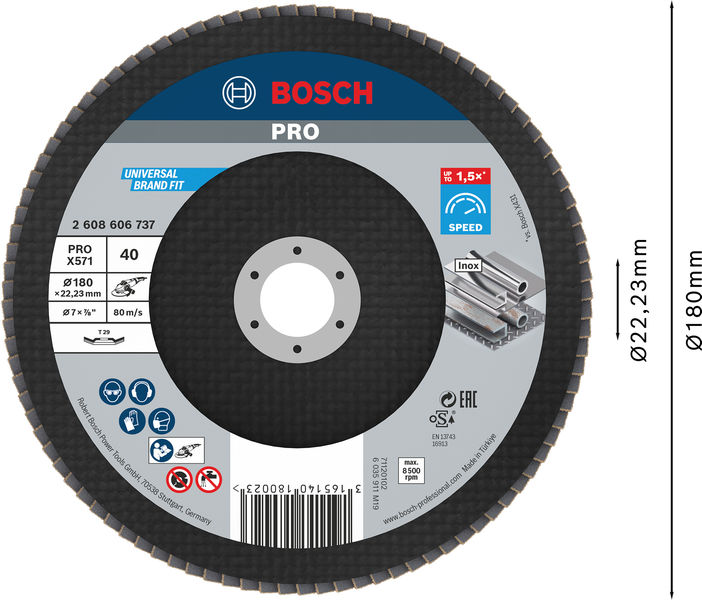 BOSCH PRO X571 Fächerschleifscheibe, gerade, 180 mm, K40 BOSCH PRO X571 Fächerschleifscheibe, gerade, 180 mm, K40