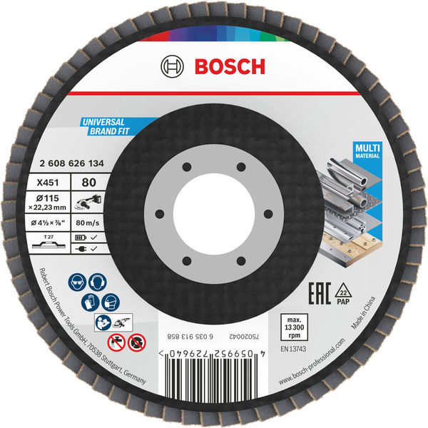 BOSCH X451 Fächerschleifscheibe, 115 x 22,23 mm, K80, Z27, 15-tlg BOSCH X451 Fächerschleifscheibe, 115 x 22,23 mm, K80, Z27, 15-tlg