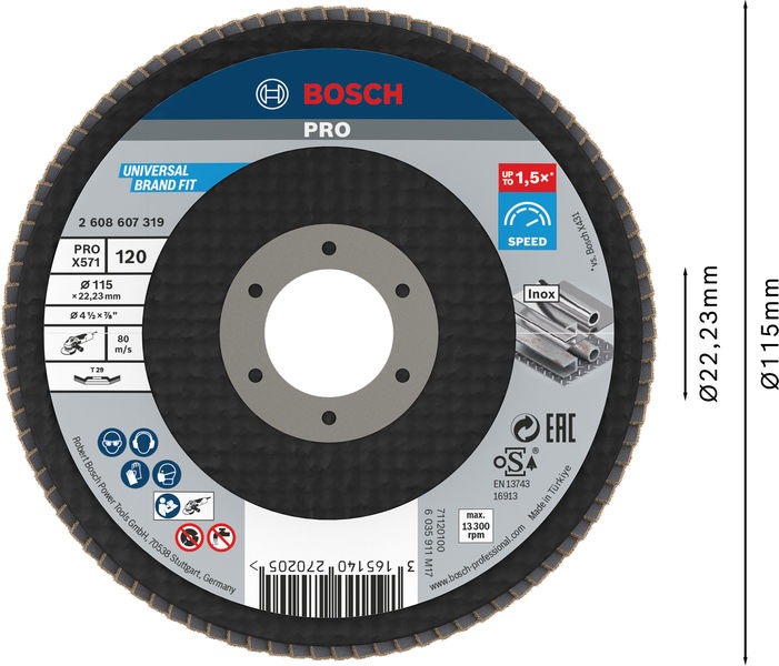 BOSCH PRO X571 Fächerschleifscheibe, abgewinkelt, 115 mm, K120 BOSCH PRO X571 Fächerschleifscheibe, abgewinkelt, 115 mm, K120
