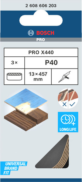 BOSCH PRO X440 Schleifband, 13 x 457 mm, G40, 3-tlg. BOSCH PRO X440 Schleifband, 13 x 457 mm, G40, 3-tlg.
