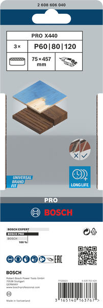 BOSCH PRO X440 Schleifband, 75 x 457 mm, G60, G80, G100, 3-tlg.