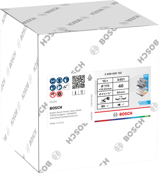 BOSCH X451 Fächerschleifscheibe, 115 x 22,23 mm, K40, Z29, 15-tlg