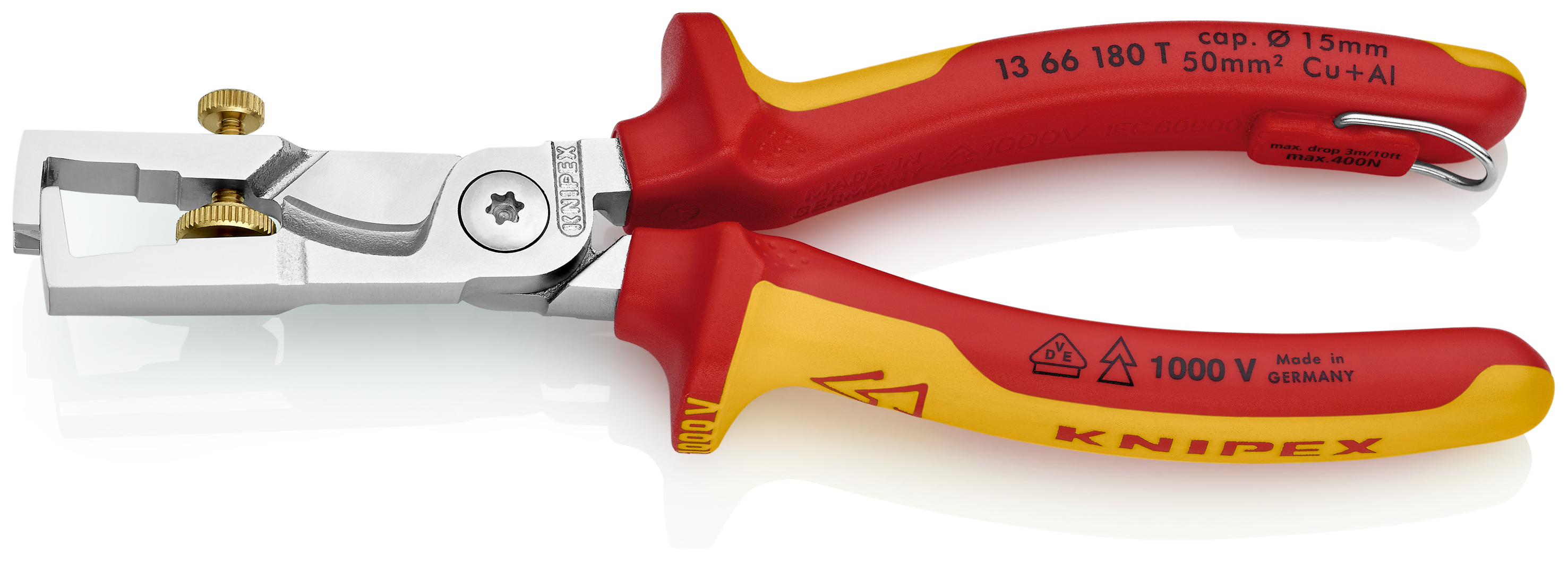 KNIPEX KNIPEX 13 66 180 T StriX® Abisolierzangen mit Kabelschere 180 mm verchromt isoliert mit Mehrkomponenten-Hüllen, VDE-geprüft; mit integrierter isolierter Befestigungsöse zum Anbringen einer Absturzsicherung