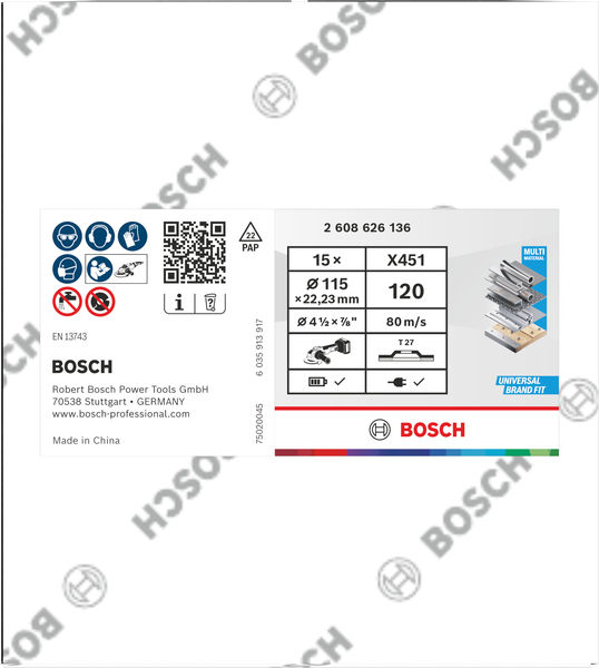 BOSCH X451 Fächerschleifscheibe, 115 x 22,23 mm, K120, Z27, 15-tlg BOSCH X451 Fächerschleifscheibe, 115 x 22,23 mm, K120, Z27, 15-tlg