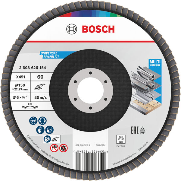 BOSCH X451 Fächerschleifscheibe, 150 x 22,23 mm, K60, Z29, 15-tlg