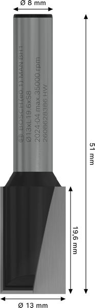 BOSCH PRO Nutfräser, zweischneidig, Ø 13 x L 19,6, Schaft 8 mm