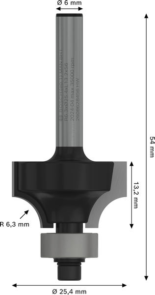 BOSCH PRO Abrundfräser, R 6,3, Schaft 6 mm BOSCH PRO Abrundfräser, R 6,3, Schaft 6 mm