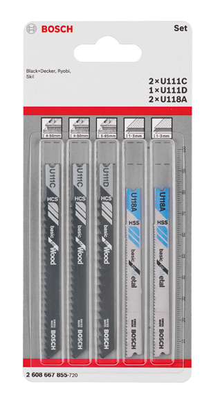 BOSCH 5-tlg. Stichsägeblatt-Set Wood and Metal, U-Schaft U 111 C, U 111 D, U 118 A BOSCH 5-tlg. Stichsägeblatt-Set Wood and Metal, U-Schaft U 111 C, U 111 D, U 118 A