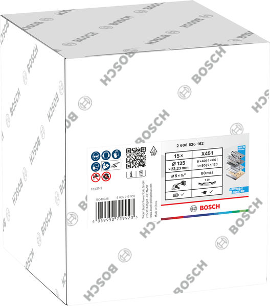 BOSCH X451 Fächerschleifscheiben Set, 125 x 22,23 mm, K40/K60/K80/K120, Z29, 15-tlg BOSCH X451 Fächerschleifscheiben Set, 125 x 22,23 mm, K40/K60/K80/K120, Z29, 15-tlg