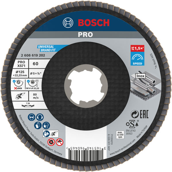 BOSCH PRO X571 Fächerschleifscheibe X-Lock, abgewinkelt, 125 mm, K60 BOSCH PRO X571 Fächerschleifscheibe X-Lock, abgewinkelt, 125 mm, K60