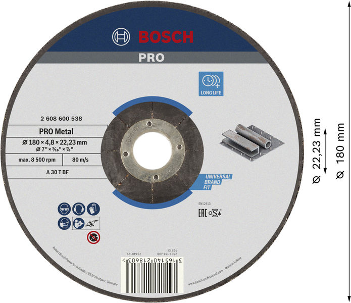 BOSCH PRO Metal Gebundene Schleifscheibe, 180 x 4,8 x 22,23 mm