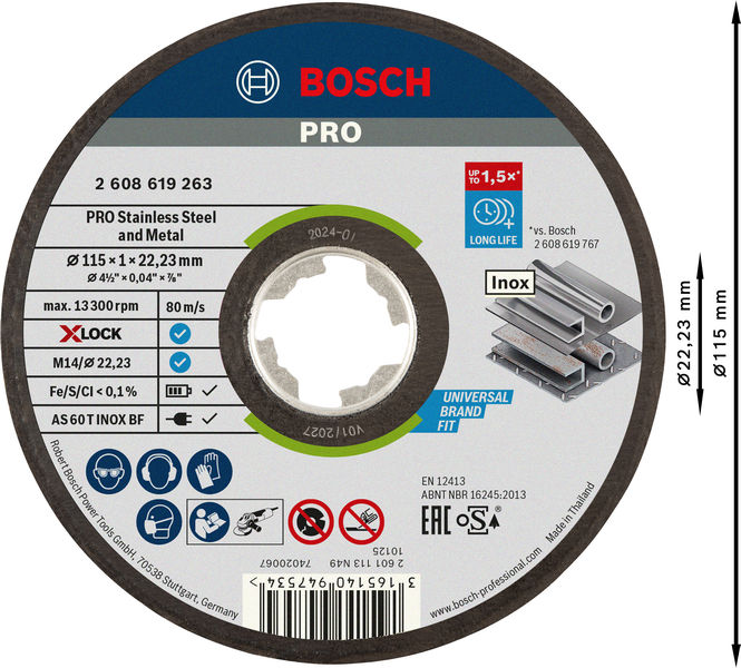 BOSCH PRO Stainless Steel and Metal X-Lock Trennscheibe, 115 x 1 x 22.23 mm, gerade BOSCH PRO Stainless Steel and Metal X-Lock Trennscheibe, 115 x 1 x 22.23 mm, gerade