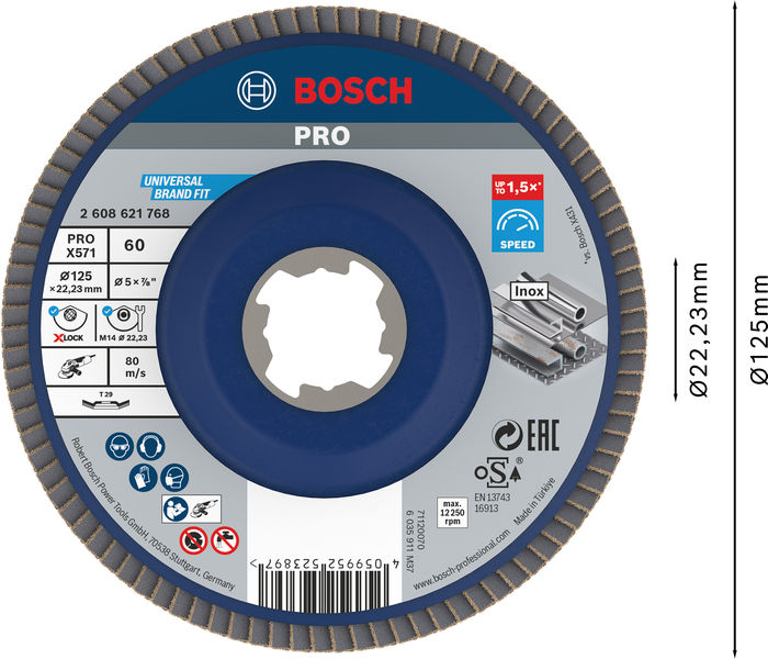BOSCH PRO X571 Fächerschleifscheibe X-Lock, abgewinkelt, 125 mm, K60 BOSCH PRO X571 Fächerschleifscheibe X-Lock, abgewinkelt, 125 mm, K60