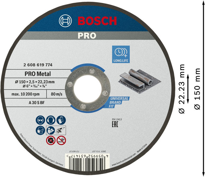 BOSCH PRO Metal Trennscheibe, 150 x 2.5 x 22.23 mm, gerade BOSCH PRO Metal Trennscheibe, 150 x 2.5 x 22.23 mm, gerade