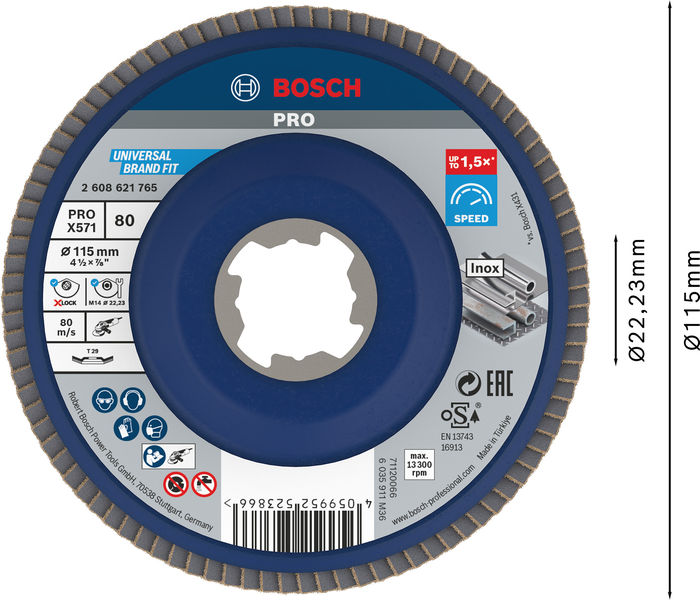BOSCH PRO X571 Fächerschleifscheibe X-Lock, abgewinkelt, 115 mm, K80