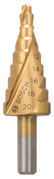 BOSCH Stufenbohrer HSS-TiN, 4 - 20 mm, 8 mm, 75 mm, 9 Stufen BOSCH Stufenbohrer HSS-TiN, 4 - 20 mm, 8 mm, 75 mm, 9 Stufen