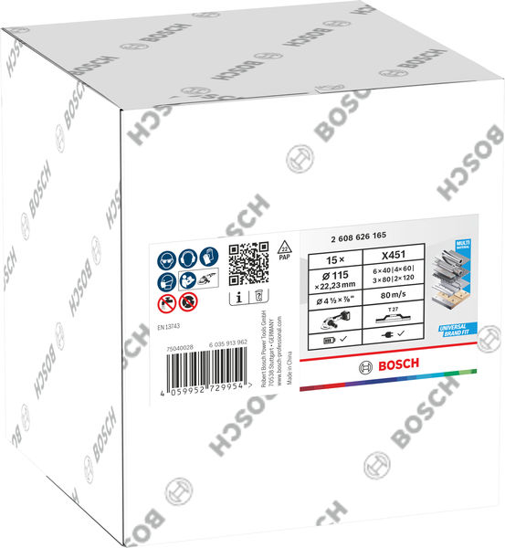 BOSCH X451 Fächerschleifscheiben Set, 115 x 22,23 mm, K40/K60/K80/K120, Z27, 15-tlg BOSCH X451 Fächerschleifscheiben Set, 115 x 22,23 mm, K40/K60/K80/K120, Z27, 15-tlg