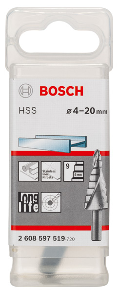 BOSCH Stufenbohrer HSS, 4 - 20 mm, 8 mm, 70,5 mm, 9 Stufen BOSCH Stufenbohrer HSS, 4 - 20 mm, 8 mm, 70,5 mm, 9 Stufen