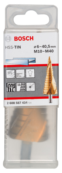 BOSCH Stufenbohrer HSS-TiN, für Kabelverschr., M10 - M40, 10 mm, 125,5 mm, 12 Stufen