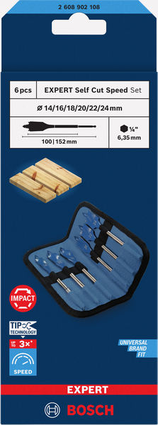 BOSCH EXPERT Self Cut Speed Flachfräsbohrer-Set, 14/16/18/20/22/25/24/32, 6?tlg.