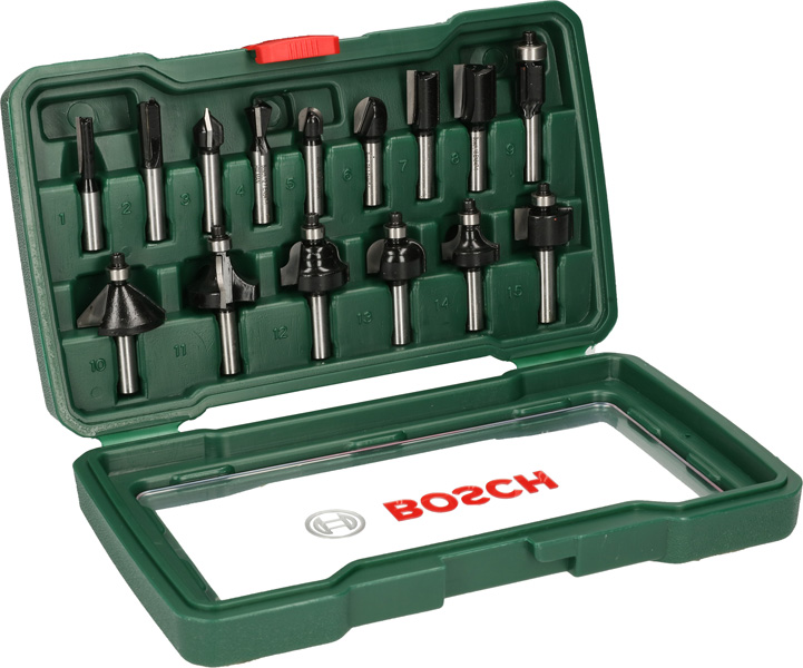 BOSCH 15-teiliges HM-Fräser-Set (8 mm Schaft)