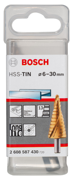 BOSCH Stufenbohrer HSS-TiN, 6 - 30 mm, 10 mm, 93,5 mm, 13 Stufen