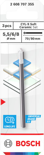 BOSCH CYL-9 Soft Ceramic Bohrer-Set, 5,5 x 70; 6 x 80; 8 x 80 mm, 3-tlg. BOSCH CYL-9 Soft Ceramic Bohrer-Set, 5,5 x 70; 6 x 80; 8 x 80 mm, 3-tlg.
